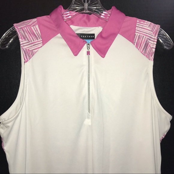 PGA TOUR golf shirt, sleeveless with zip neck, white & hot pink, design on back - Picture 2 of 10